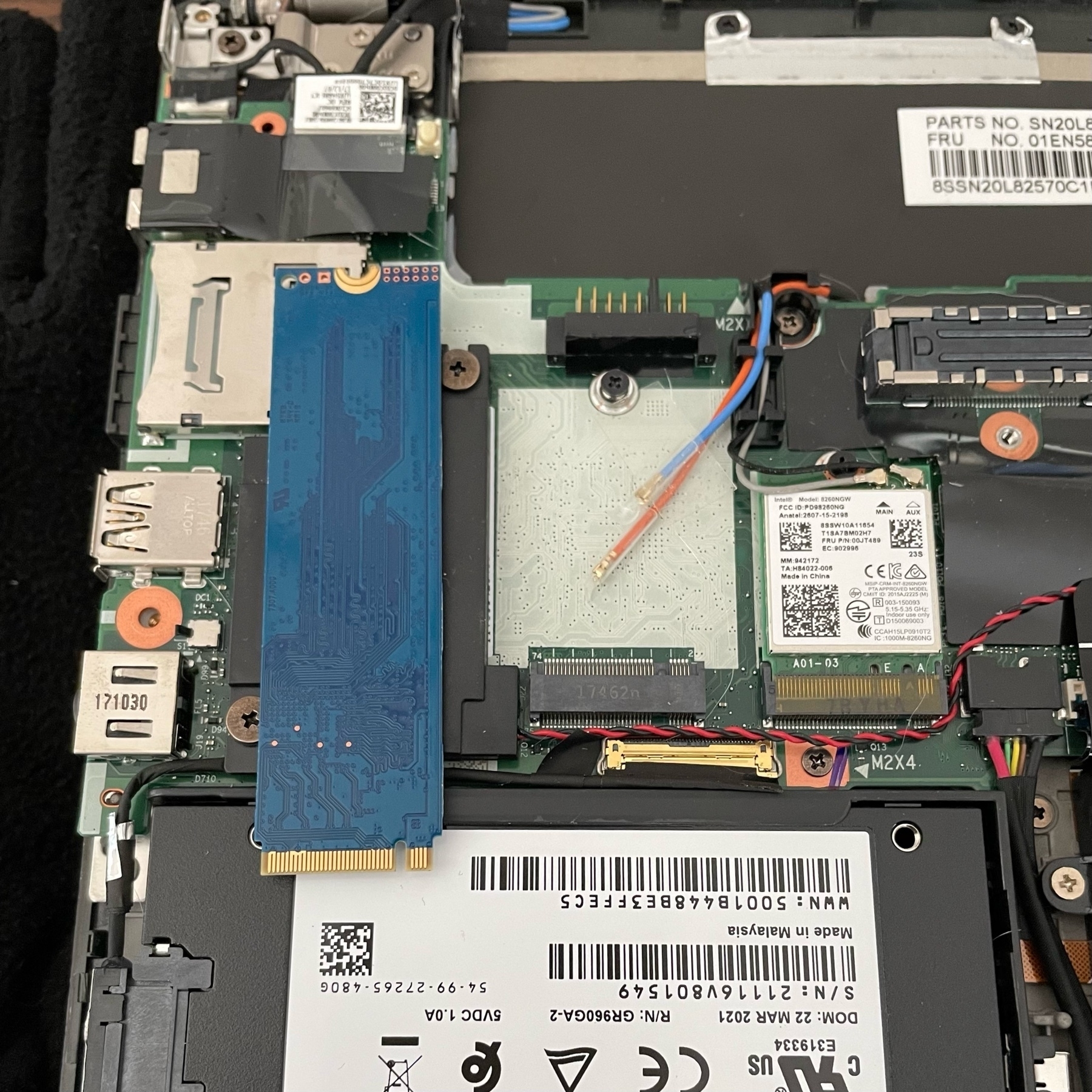 inside of thinkpad x270 showing an m.2 NVMe module that is too large to fit in the WLAN slot